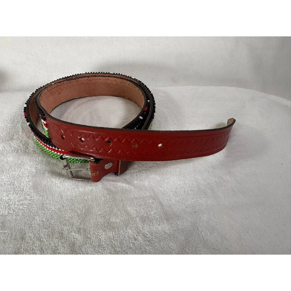 Set of 2 Mens Maasai Beaded Leather Belts Kenyan Flag Shield Black Red 45-47 in